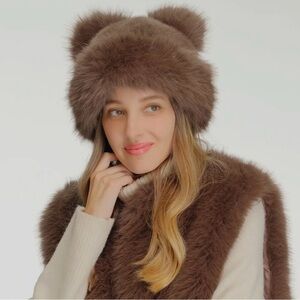 Women's brown furry Hat with Pom Poms